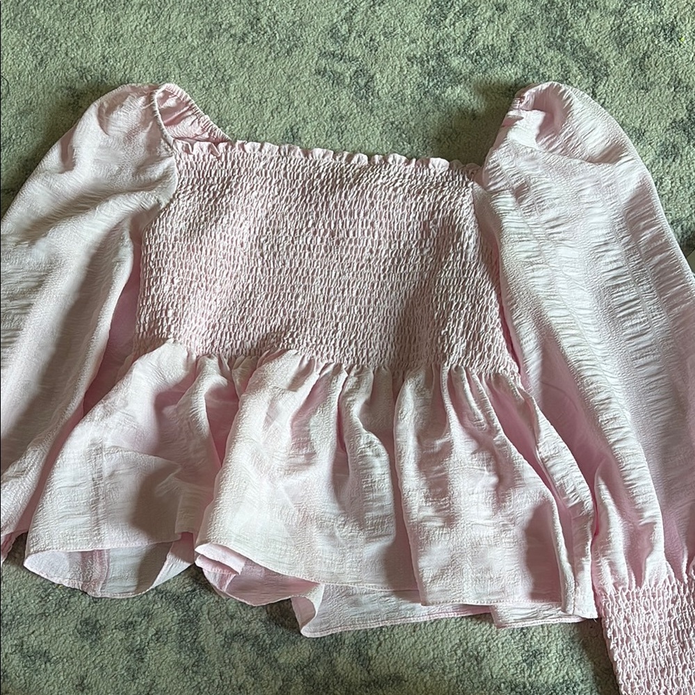 Vestique Pink Puff Sleeve Smocked Peplum Blouse